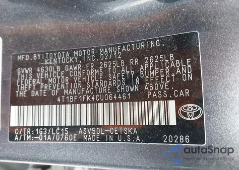 2012 Toyota Camry Se from USA, damaged, VIN 4T1BF1FK4CU064461